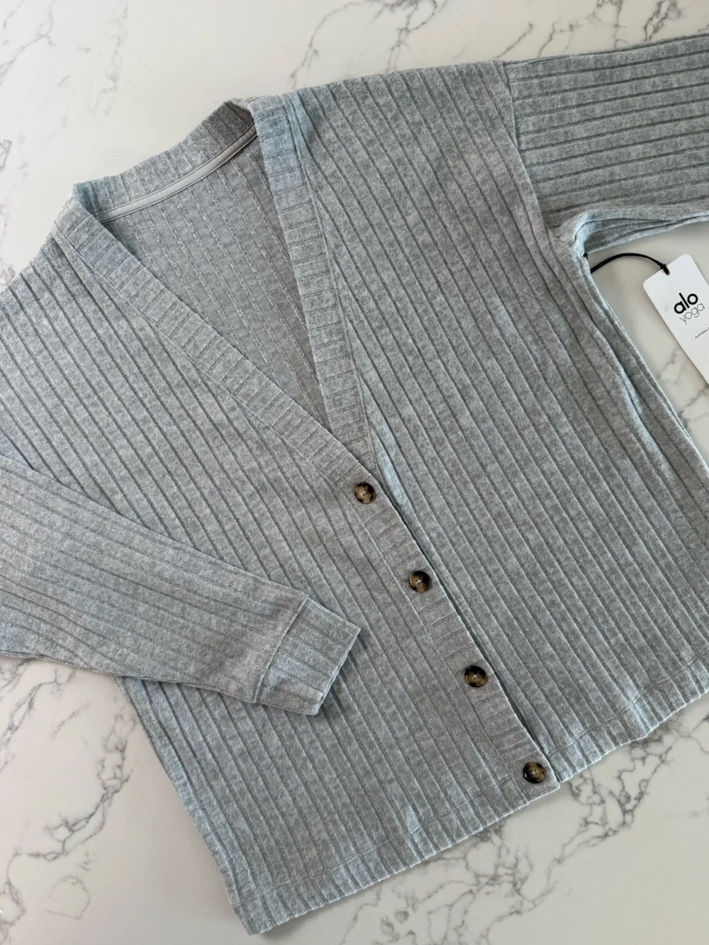 Alo Yoga Ribbed Take Comfort Cardigan - Athletic Heather Grey - Size Small